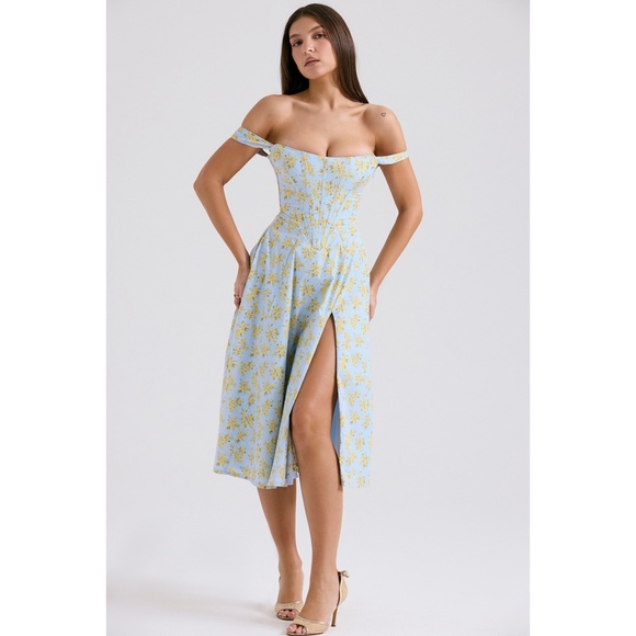 NEW House of CB Saira Soft Blue Vintage Floral Print Dress L+ (XL) - Picture 3 of 17